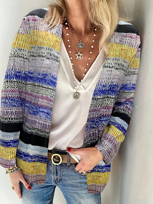  Striped Long Sleeve Open Front Cardigan