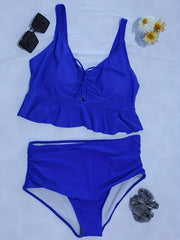  Lace Ruffle Trim Crop Cami Top & Panty Swimsuit Set