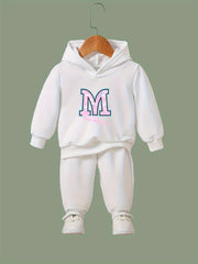 Girls Boys 2pcs M Letter Hooded Pullover Pants Set for Sports