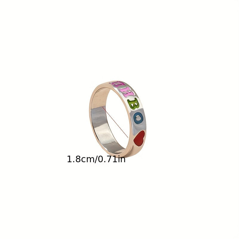 Rainbow Carved Oil Dripping Ring with Red Heart - Gift for Teen Girls