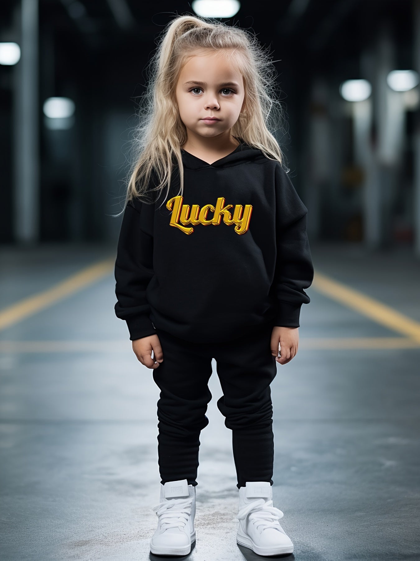 OERYUI Kids 2pc LUCKY Print Hooded Pullover Pants Set Sports Spring Fall