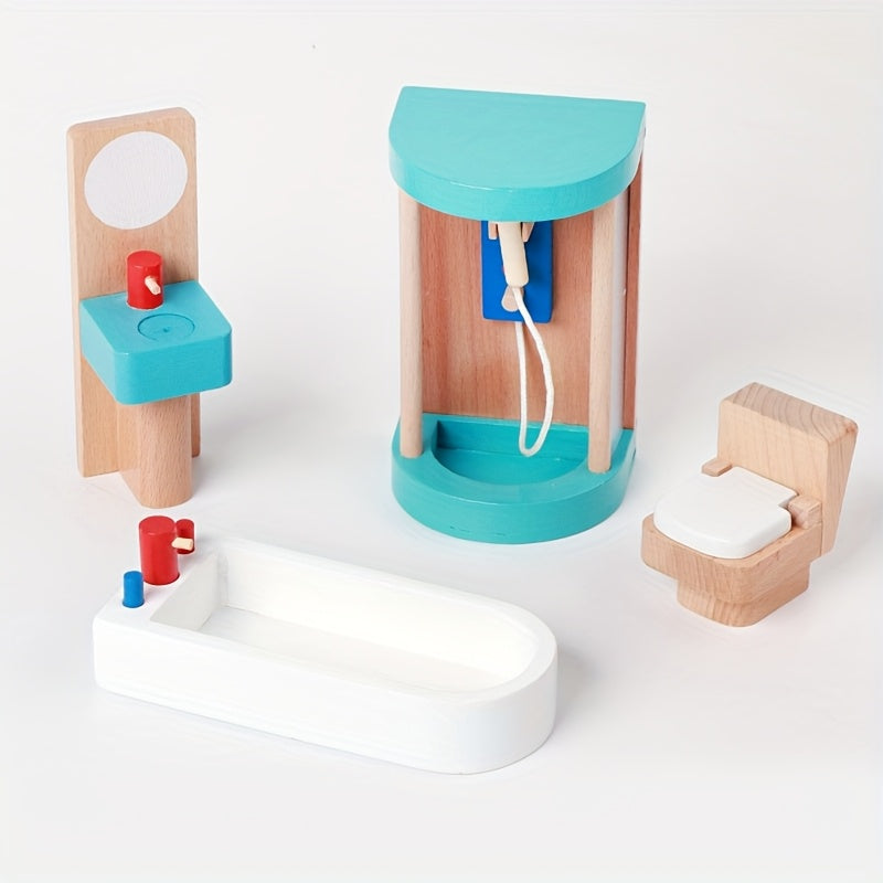 Wooden Dollhouse Family Room Toy Set for Kids