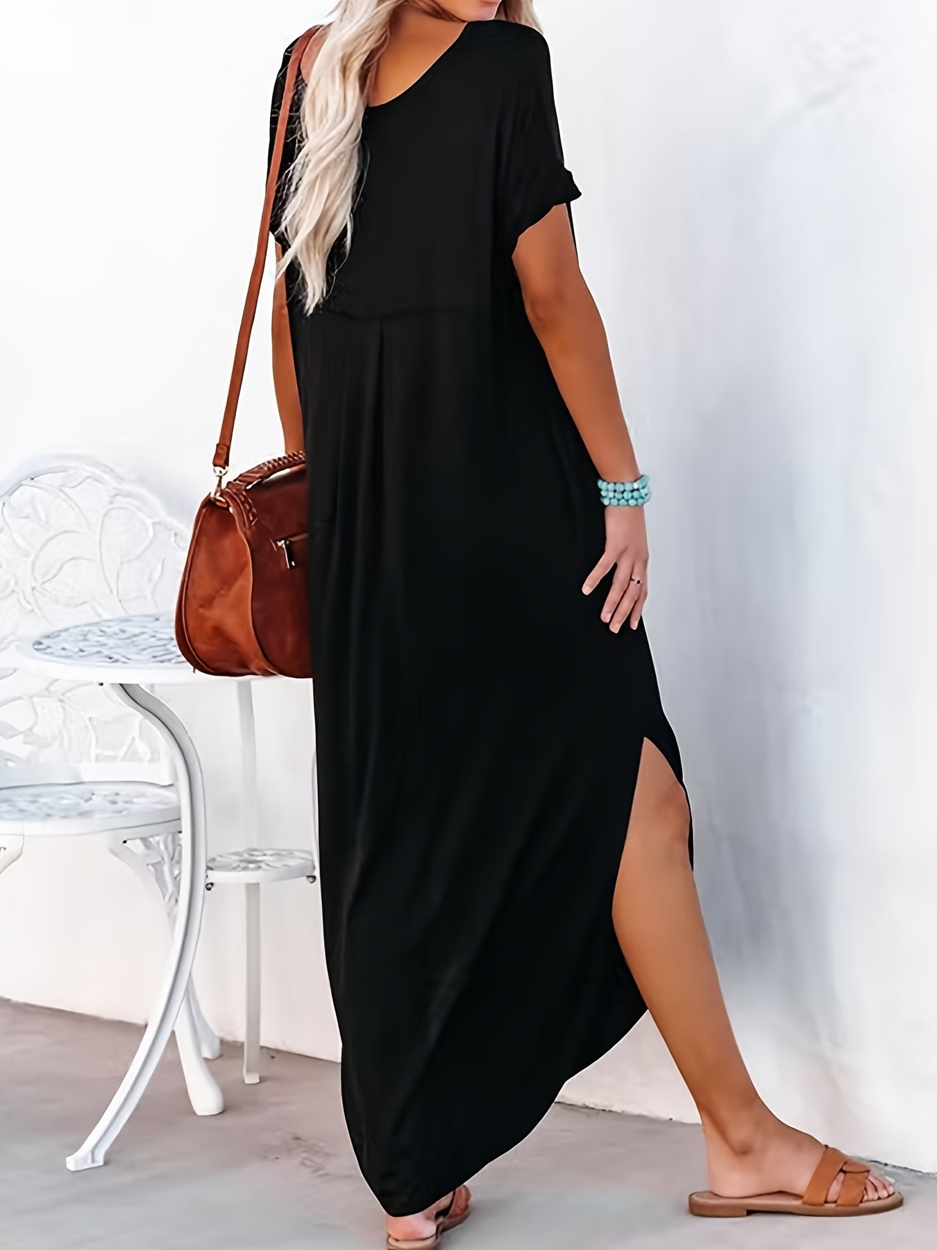 Short Sleeve Maxi Dress Crew Neck Side Slit Casual Dress Summer Spring