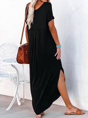 Short Sleeve Maxi Dress Crew Neck Side Slit Casual Dress Summer Spring