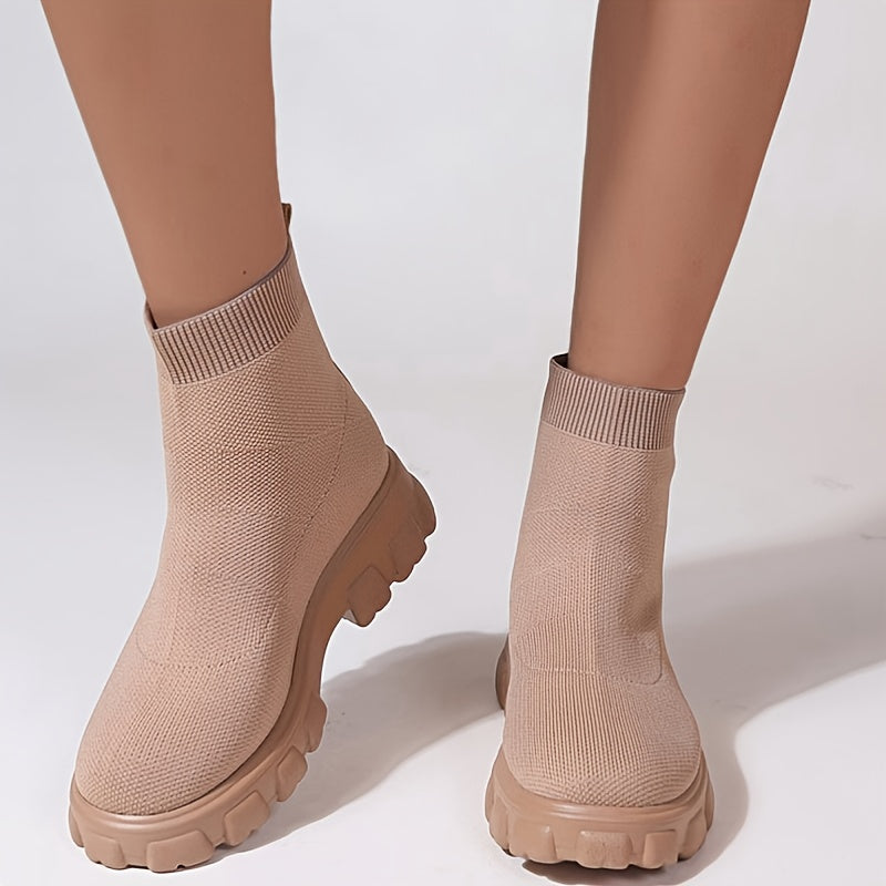 Women's Knitted Ankle Boots Solid Round Toe Slip on Boots