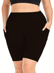 Plus Size Sports Shorts Women's Plus Solid High Rise Pockets Side Stretchy Yoga