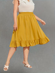  Casual Skirt Women's Plus Solid Ruffle Trim Midi Skirt