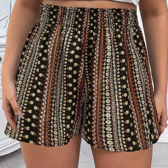  Boho Shorts Women's Plus Colorblock Ditsy Print Elastic High Rise
