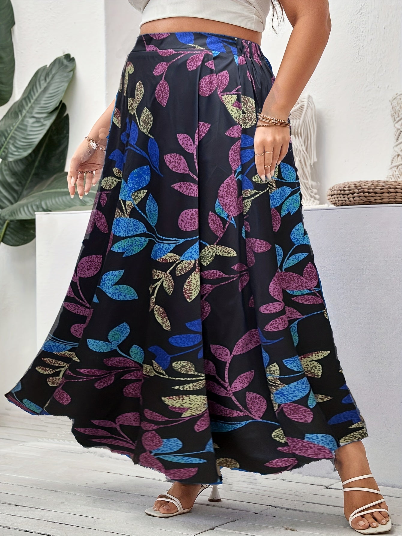  Leaf Print Elastic Waist Maxi Skirt