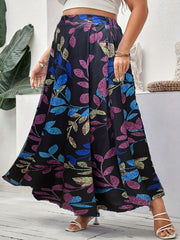 Leaf Print Elastic Waist Maxi Skirt