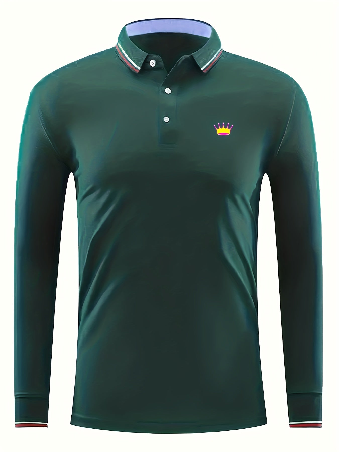 Crown Print Men's Casual Long Sleeve Polo Shirt