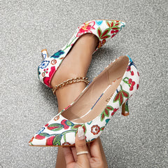 Women's Embroidered Flowers Pointed Toe Heels Slip On Shoes
