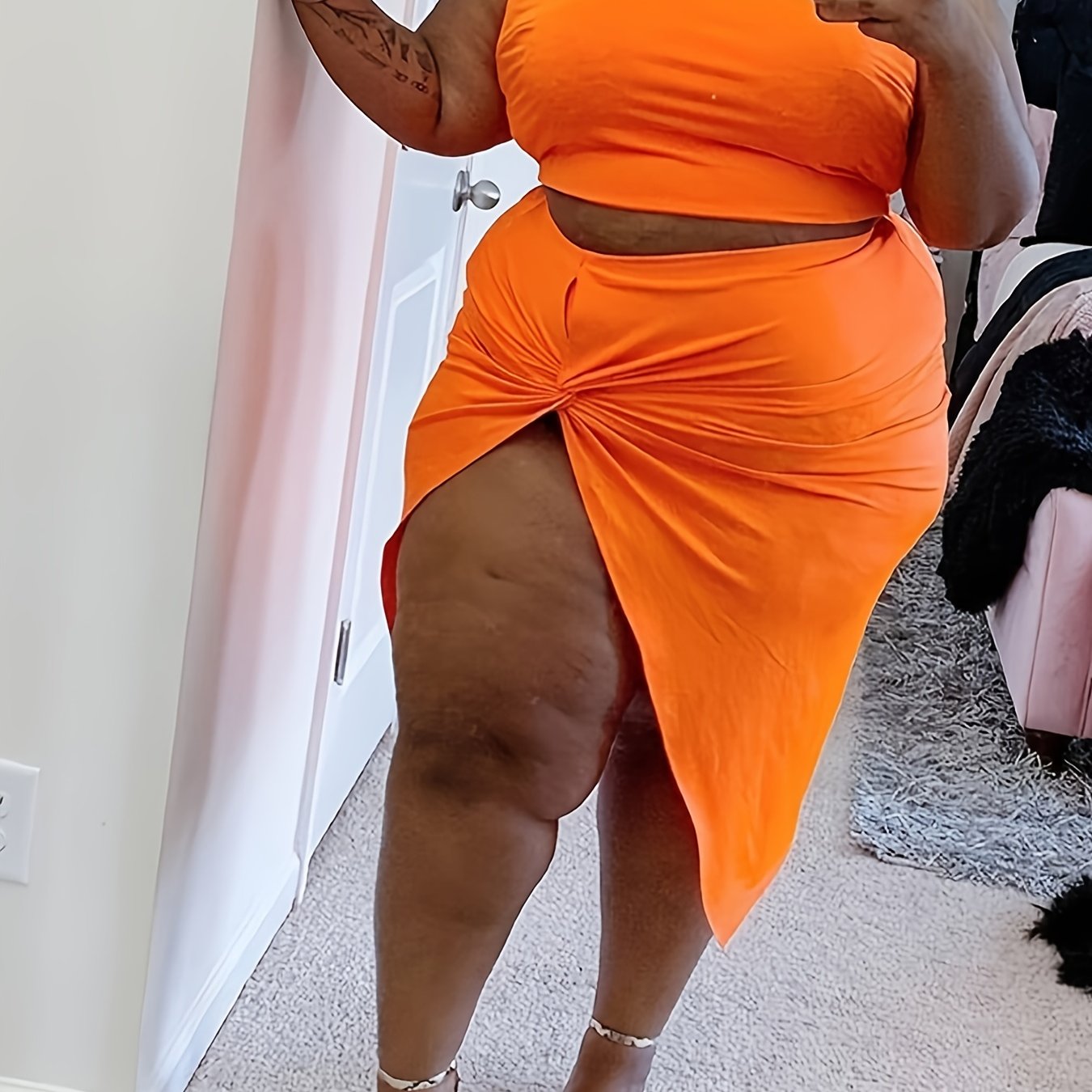  Solid Tank Crop Top & Draped Skirt Outfits Two Piece Set