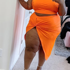  Solid Tank Crop Top & Draped Skirt Outfits Two Piece Set