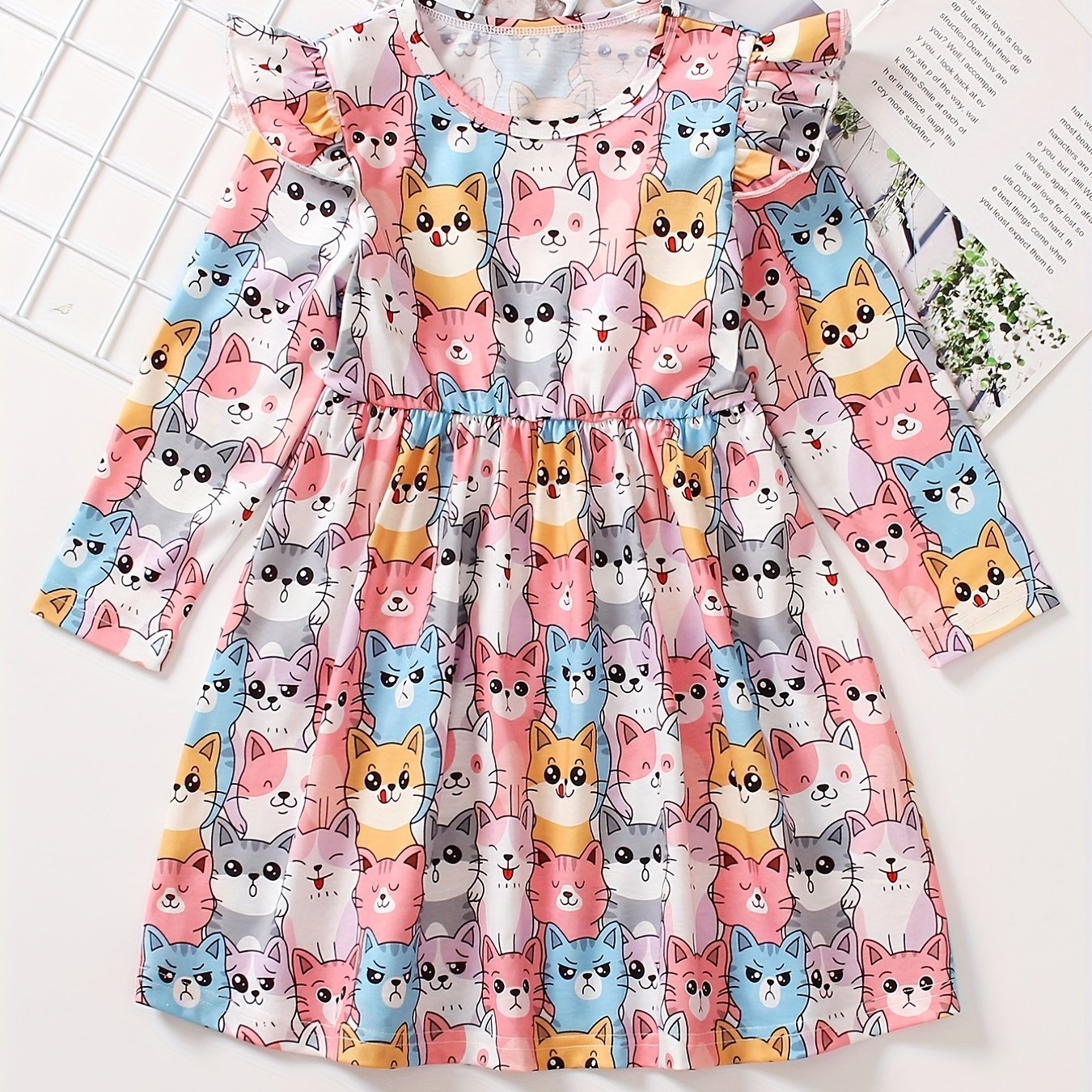 Girls Kitty Ruffle Long Sleeve Dress for Spring and Autumn