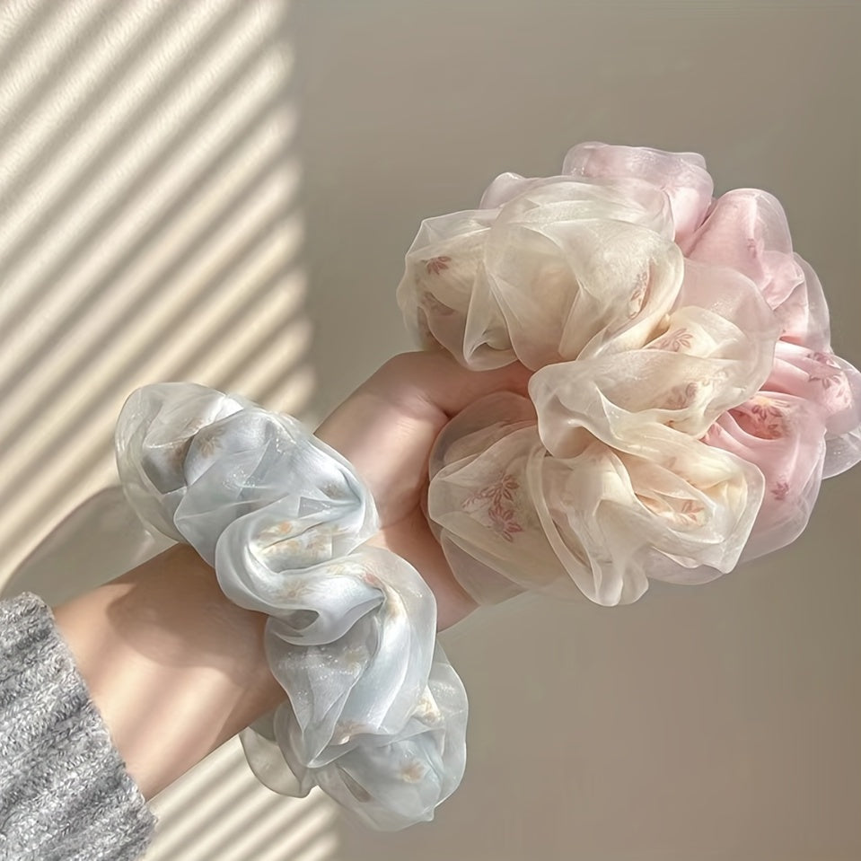 Floral Print Organza Scrunchies Hair Tie Ponytail Holder
