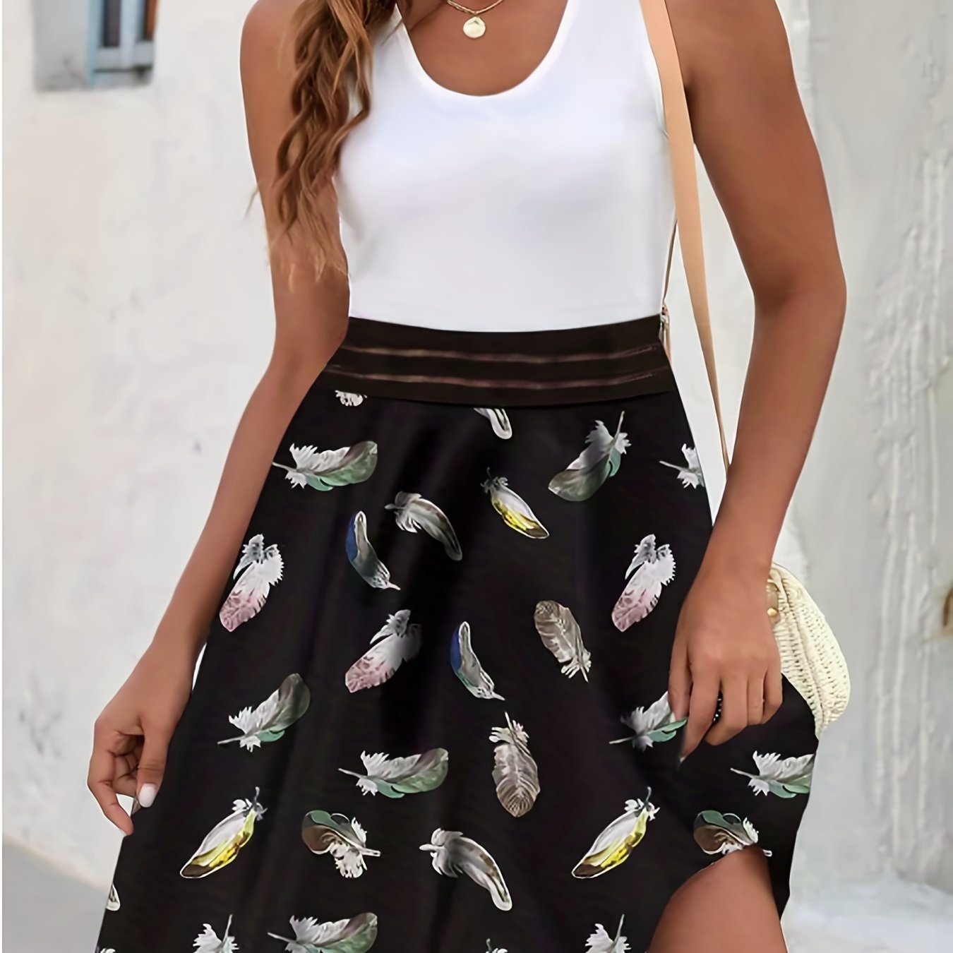  Colorblock Feather Print Tank Dress