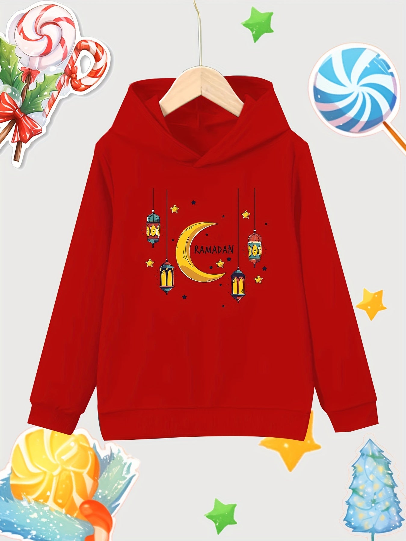 Stars Moon Lantern Print Girls Pullover Hooded Sweatshirt