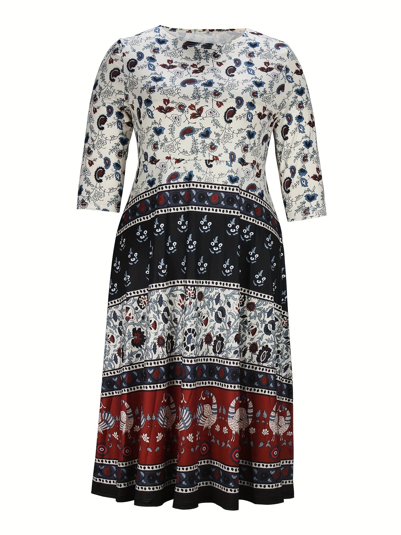 Women's Plus Tribal & Floral Print Three Quarter Sleeve Round Neck Maxi Dress