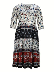 Women's Plus Tribal & Floral Print Three Quarter Sleeve Round Neck Maxi Dress