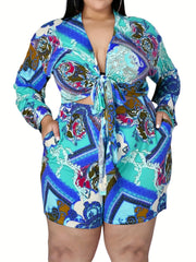 Boho Plus Size 2PC Set: Scarf Print Crop Top & Shorts