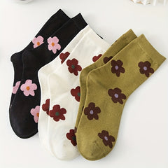 3 Pairs Floral Print Socks Comfy & Breathable Women's Mid Tube Stockings