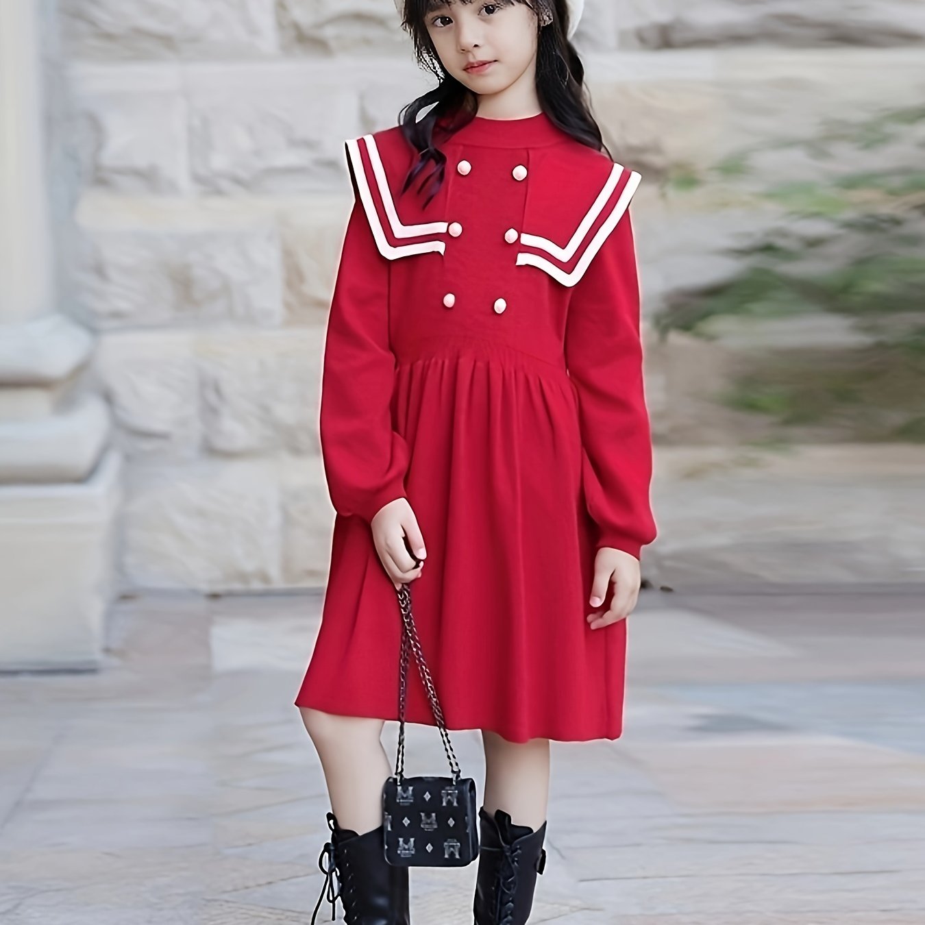 Preppy Style Girls Knit Dress Long Sleeve Comfy Knitwear