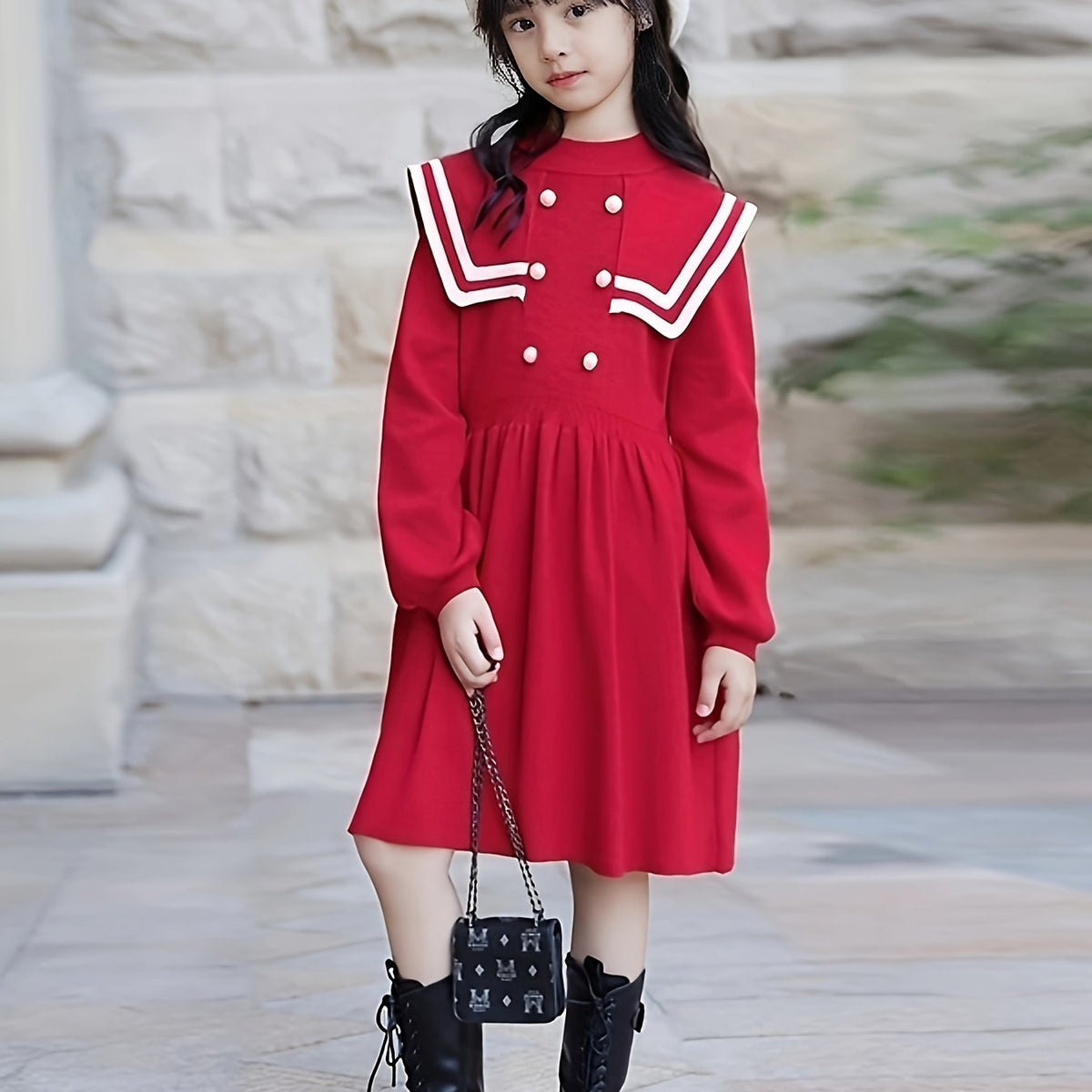 Preppy Style Girls Knit Dress Long Sleeve Comfy Knitwear