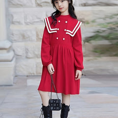 Preppy Style Girls Knit Dress Long Sleeve Comfy Knitwear