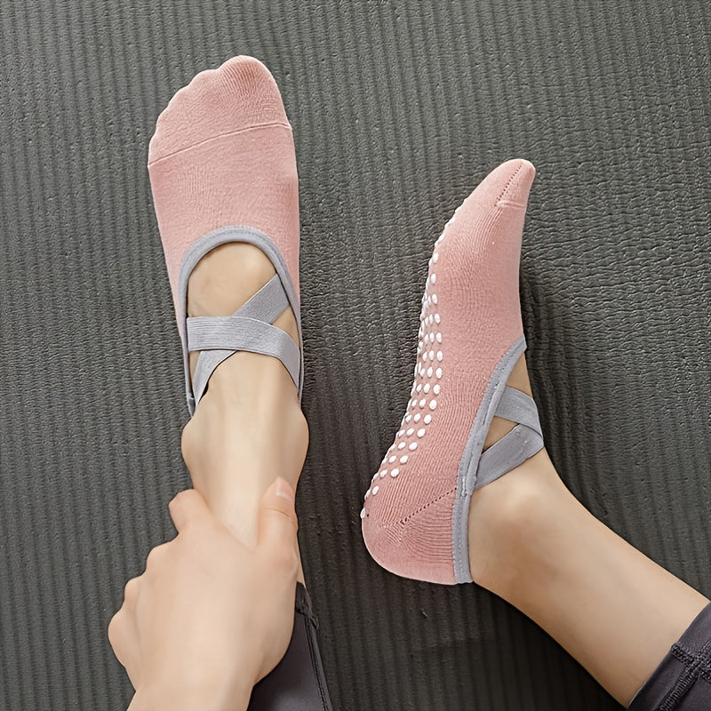 Non Slip Towel Bottom Cross Lace Socks for Yoga Pilates
