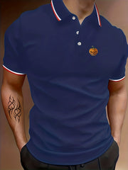 Men's Pumpkin Print Polo Shirt Casual Button Up Short Sleeve Shirt