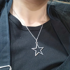 Silver Big Star Pendant Necklace 36x33mm Hollow Pentagram Geometric Chain