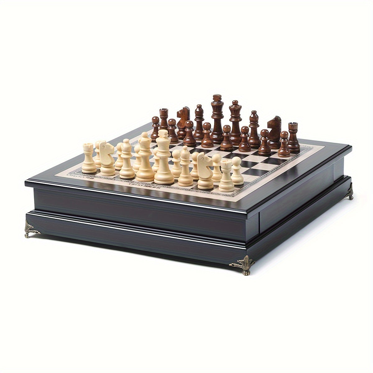 Wooden Int'l Chess Set w/ Storage Drawer Plus 2 Extra Queens Classic Board Game