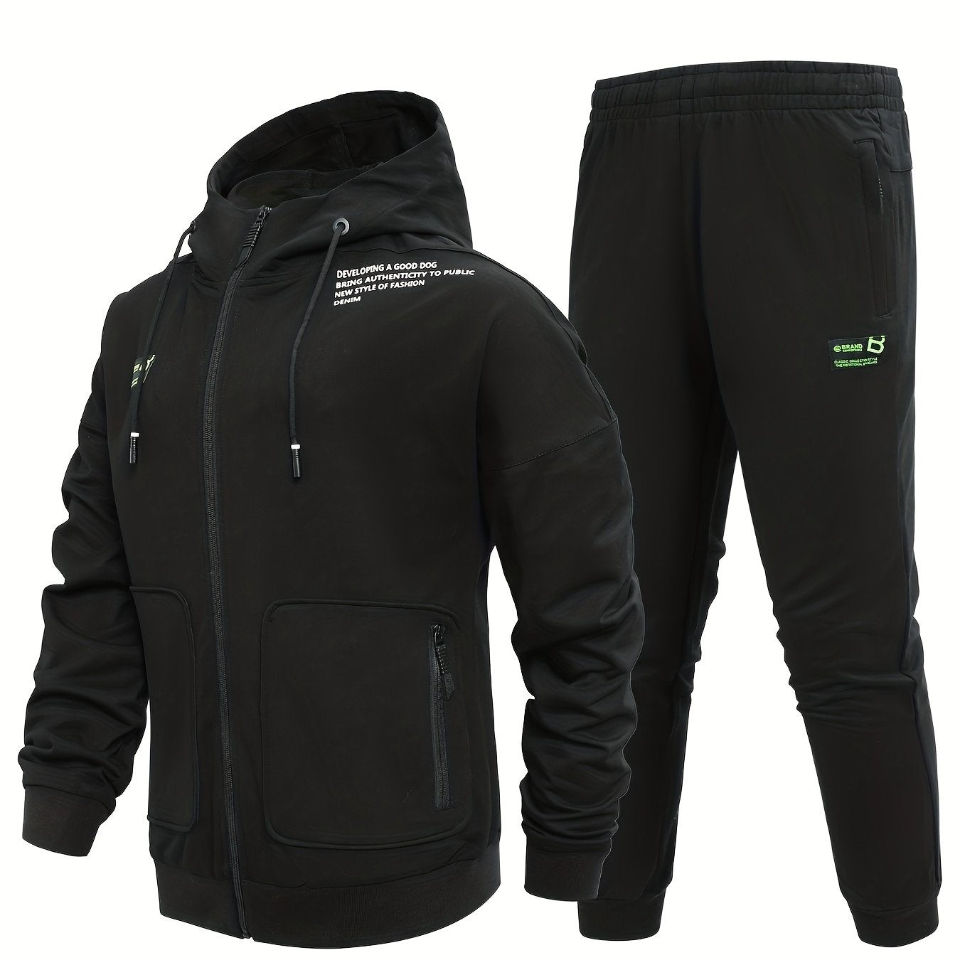 Men's Comfy Hooded Jacket & Stretch Pants Set for Outdoor Zipper Pocket