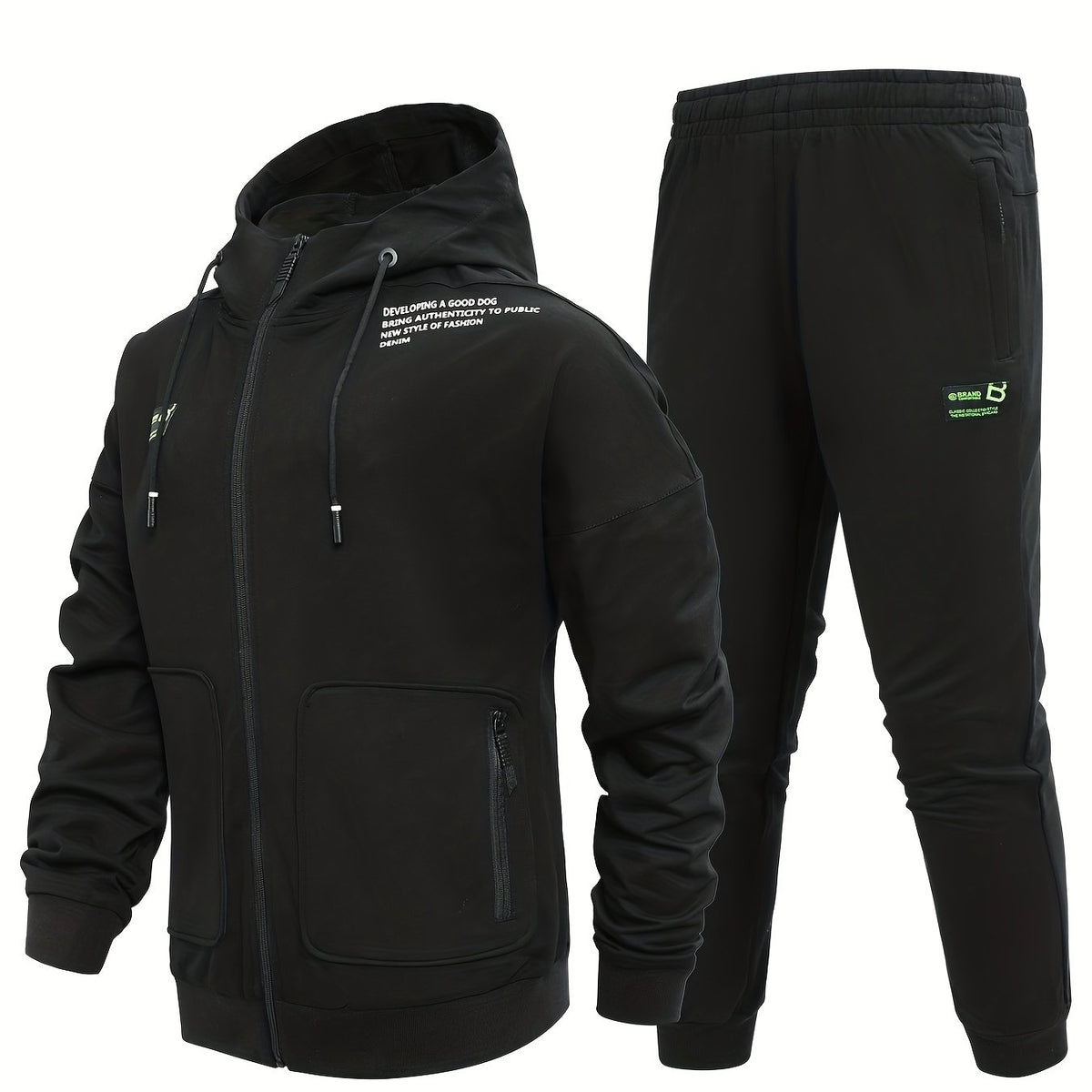 Men's Comfy Hooded Jacket & Stretch Pants Set for Outdoor Zipper Pocket