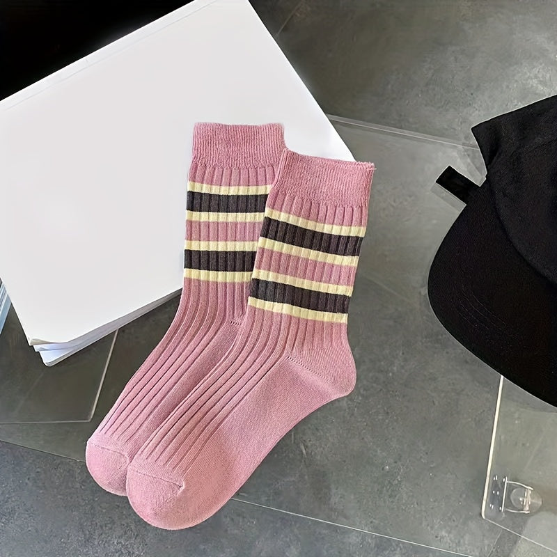 3 Pairs Striped Crew Socks Mid Tube Women's Stockings