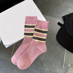 3 Pairs Striped Crew Socks Mid Tube Women's Stockings