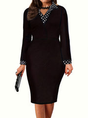  Colorblock Dot Print Long Sleeve V Neck Bodycon Midi Dress