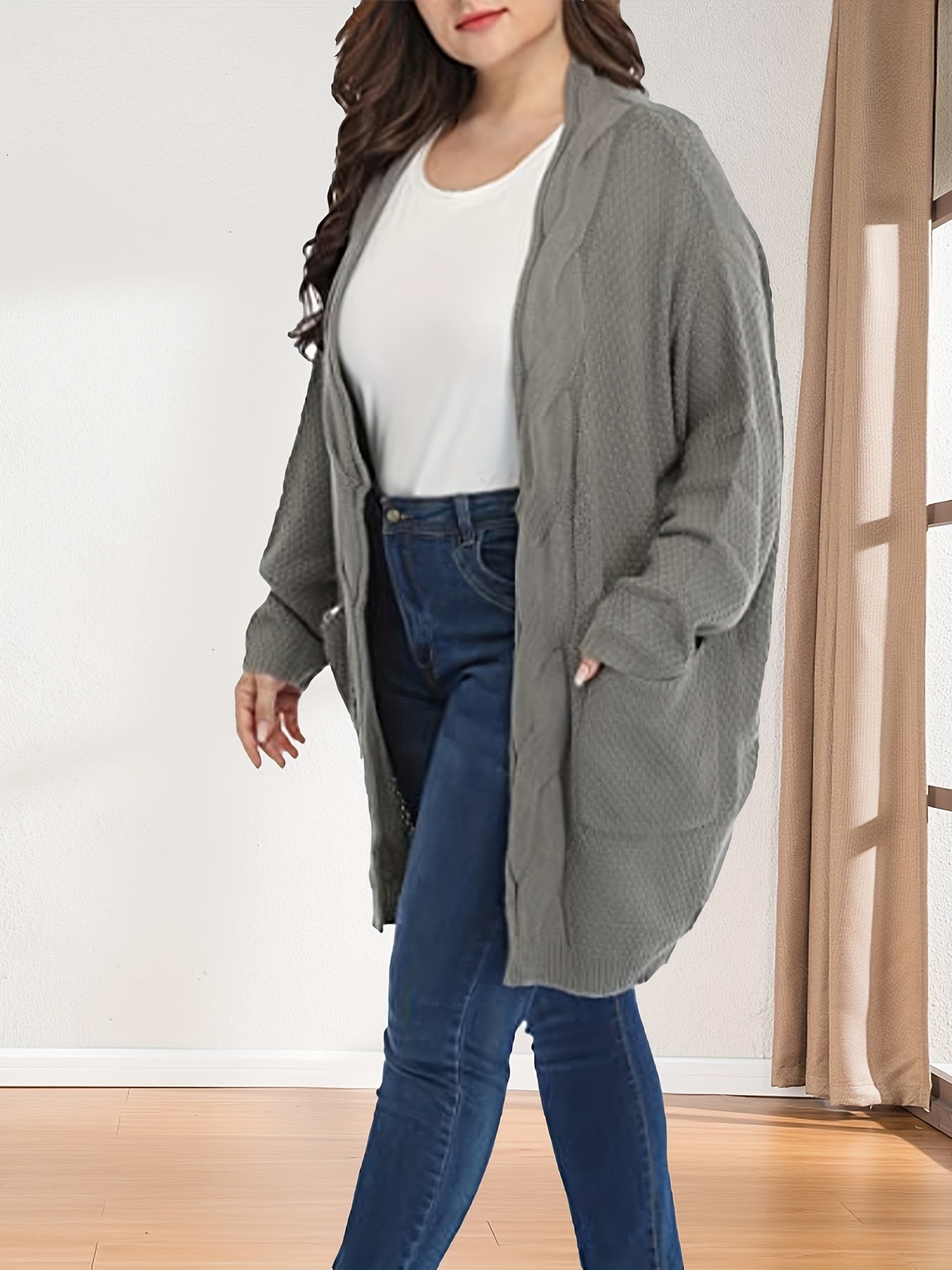  Cable Knit Open Front Long Sweater Cardigan with Pockets