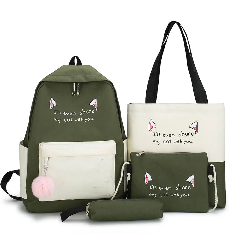 4pcs Cartoon Cat Print Children School Bags for Girls Backpacks