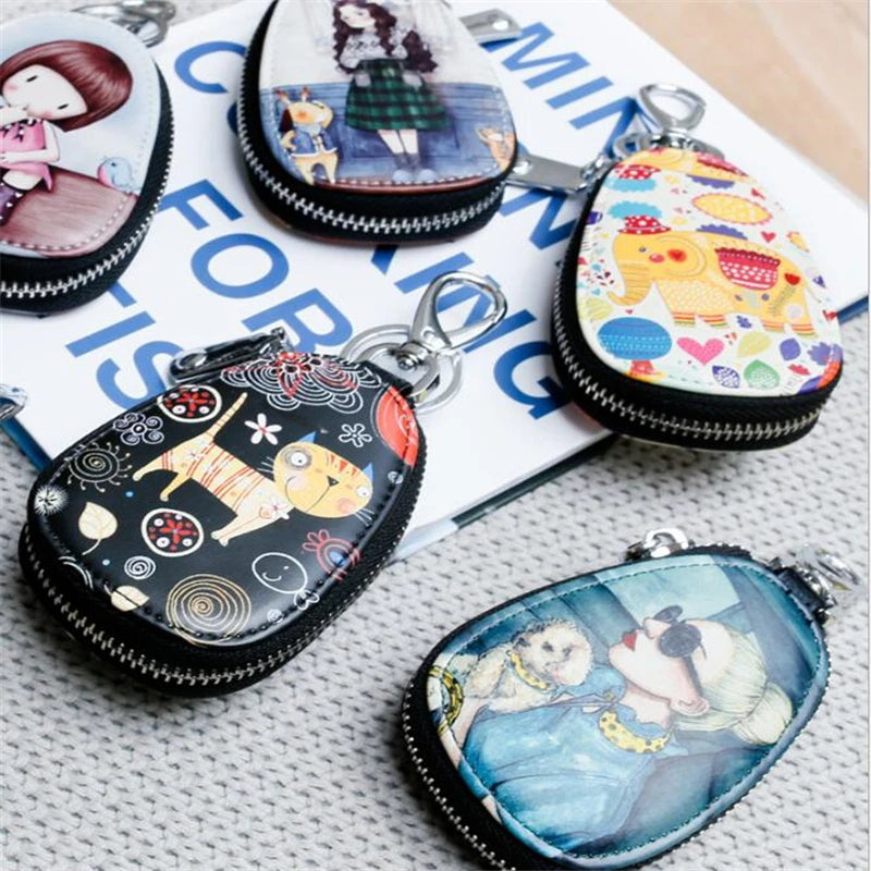 Women's Painted PU Leather Key Wallet with Keychain Pouch