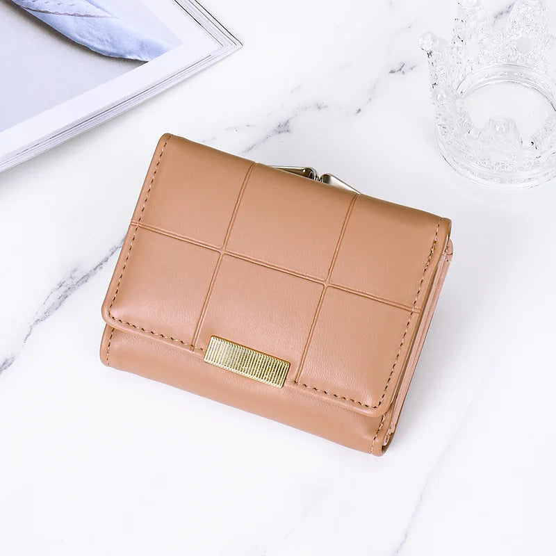 Plaid Leather Wallet Women's Trifold Small Purse Hasp Pink