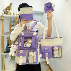 5-Piece Women Backpack School Bag Girls Large Capacity Knapsack