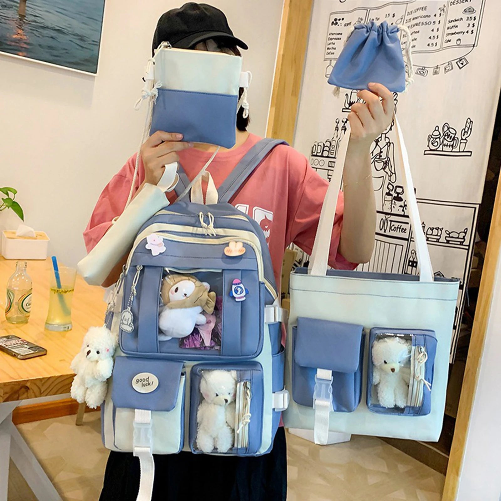 Girls Cartoon Doll Bag Set - Backpack, Shoulder Bag, Wallet