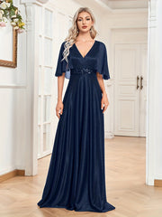 Sequin Bridesmaid Dress Cape Sleeve Surplice Neck