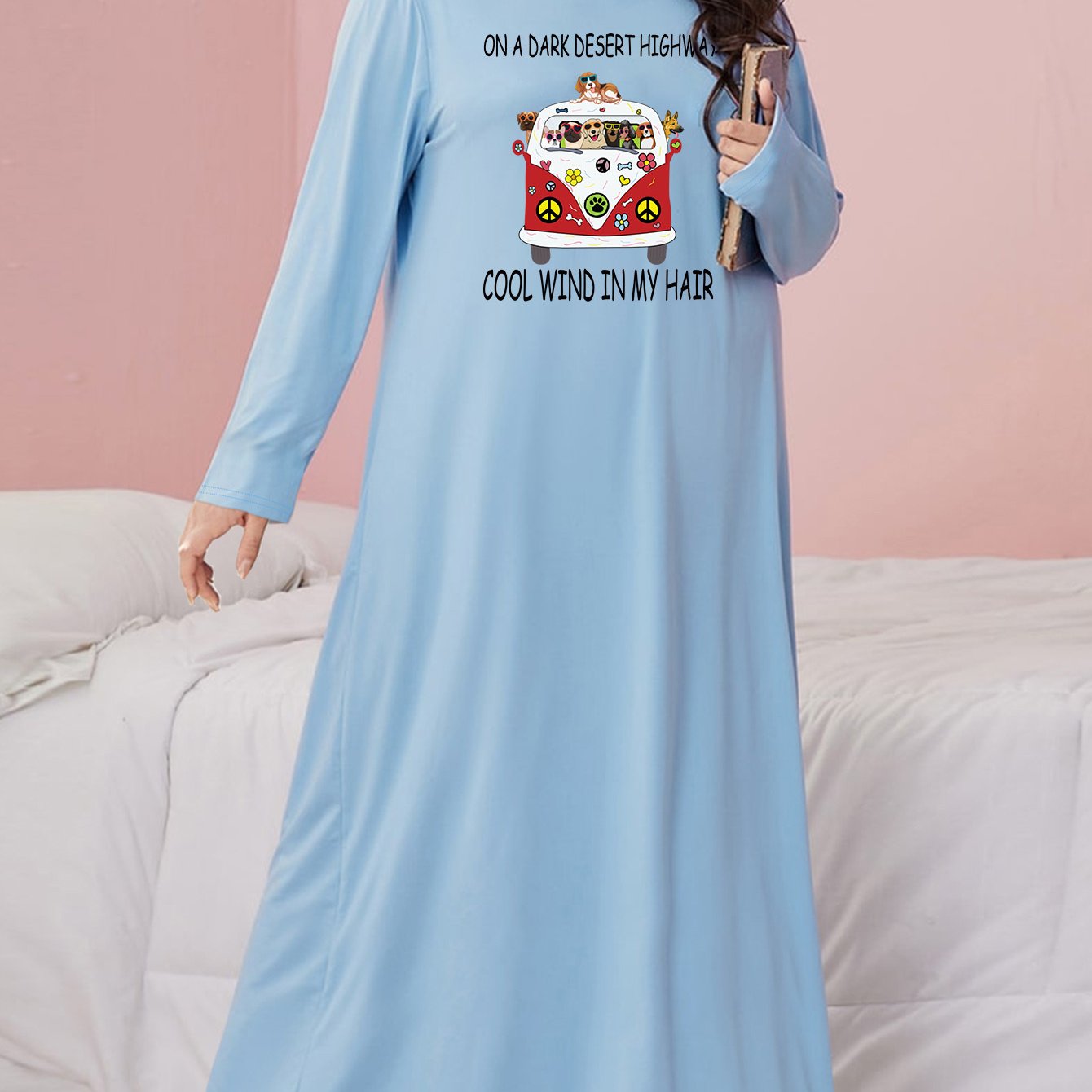  Women's Puppy & Car Print Long Sleeve Nightdress