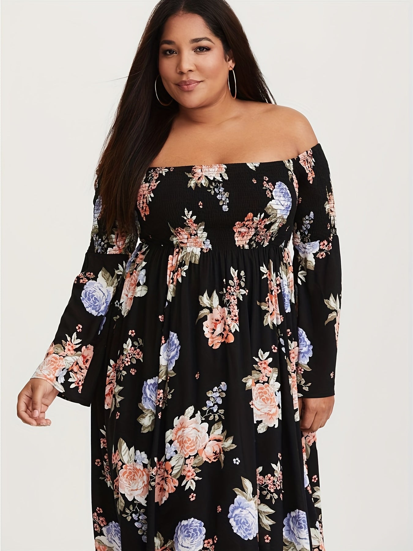  Floral Print Off Shoulder Maxi Dress