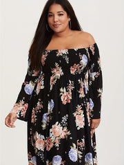  Floral Print Off Shoulder Maxi Dress