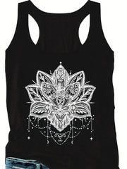  Lotus Print Tank Top Round Neck Medium Stretch