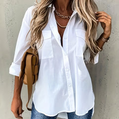  Solid Long Sleeve Lapel Button Up Shirt Top